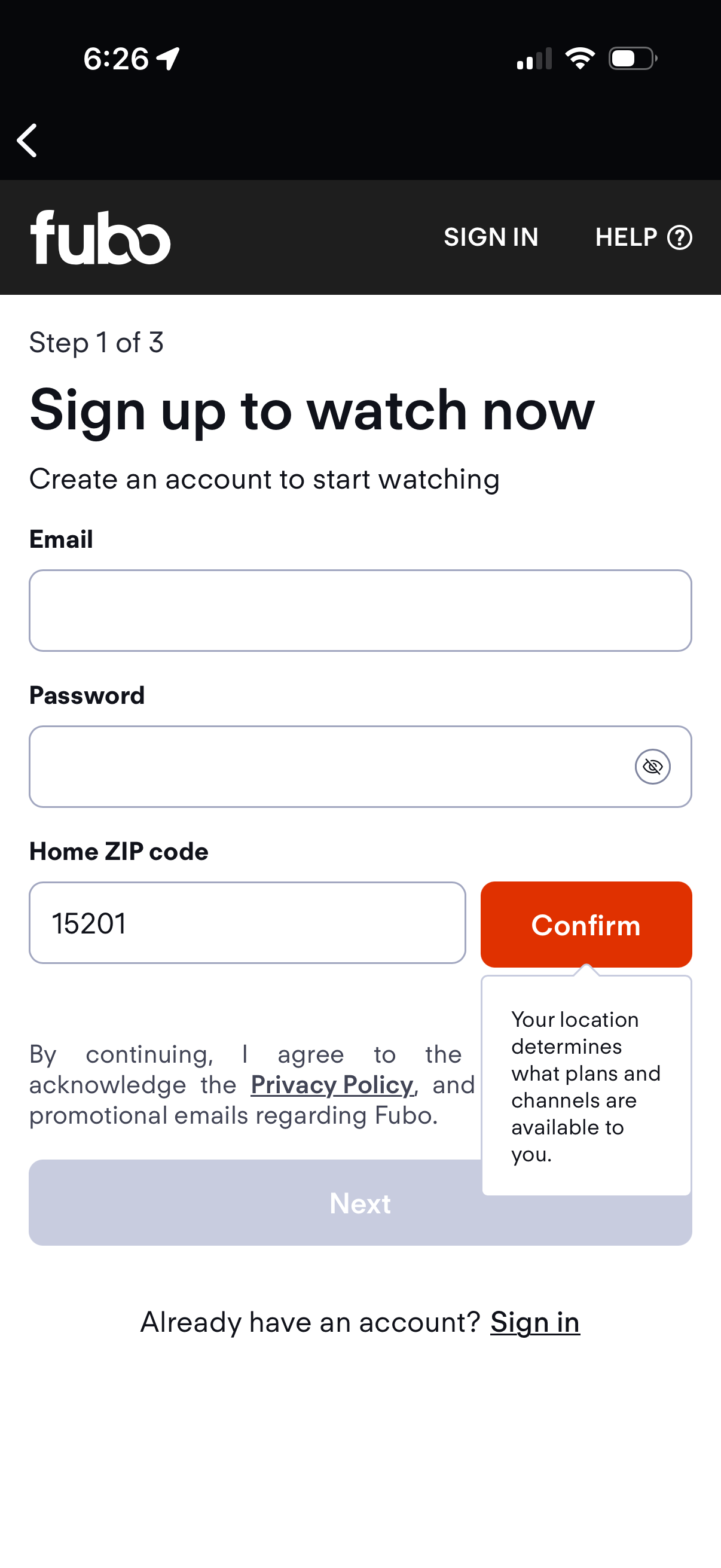 fubo onboarding screenshot